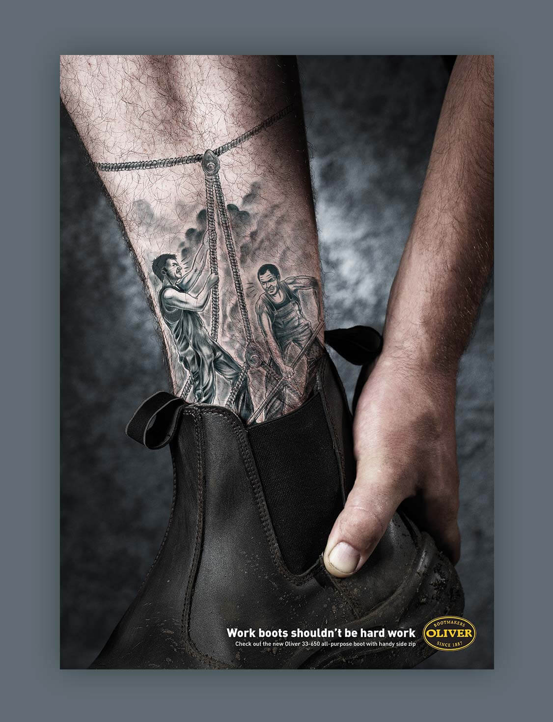 Oliver Footwear | Worker with ankle tattoo of men working hard | Magazine Ad