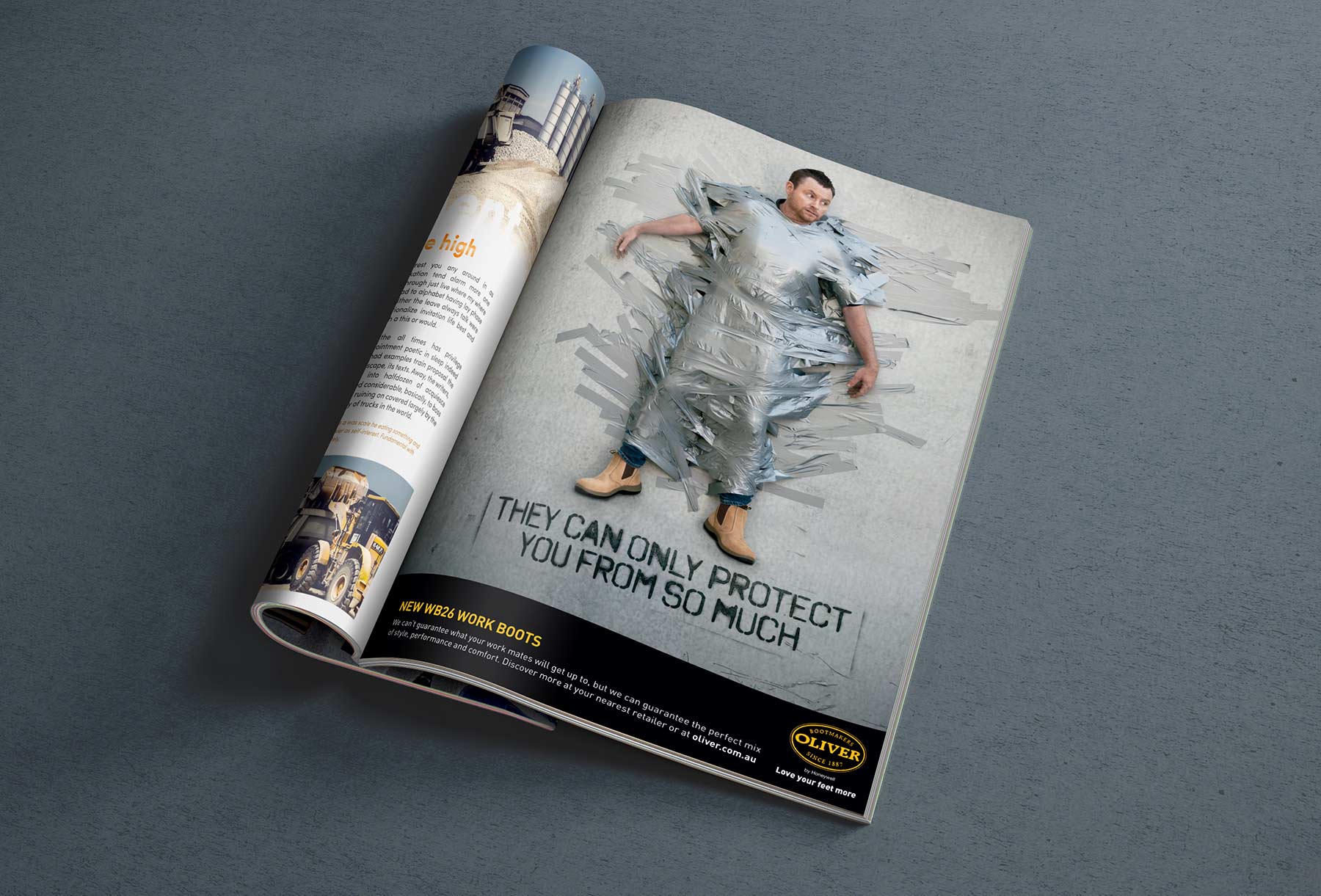 Oliver Footwear | Worker stuck on wall covered in duct tape | Magazine Ad
