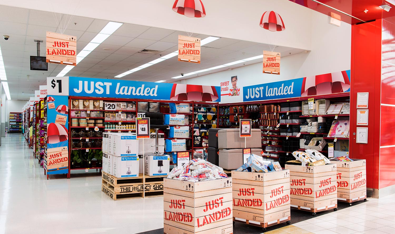 The Reject Shop store showing POS and Just Landed signage