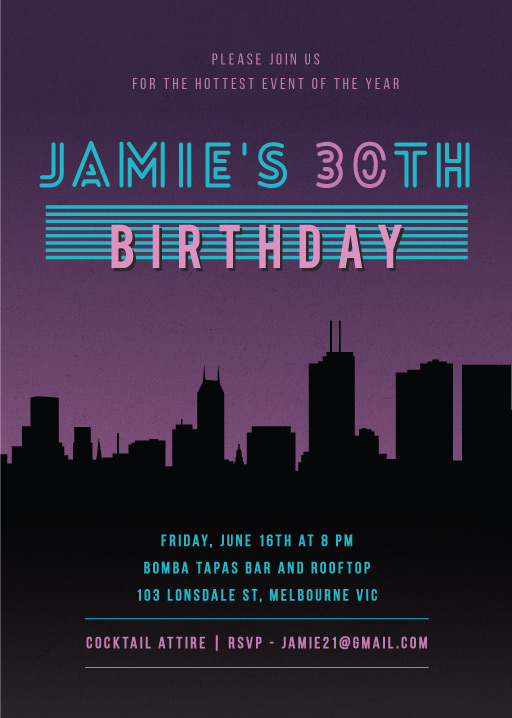 Purple City Skyline Invitation Printable Adult Birthday Skyline Invitation Purple Skyline Invitation Eighteen in the City Invitation