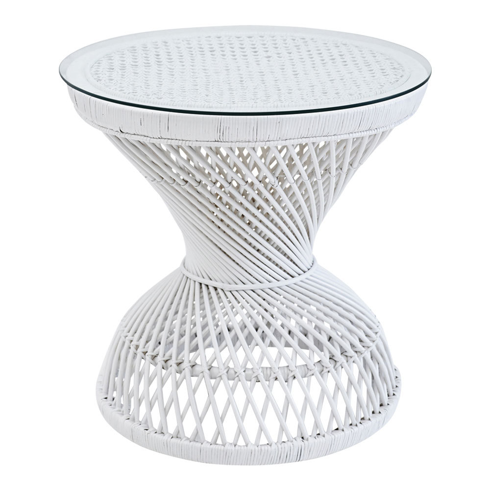 White Peacock side Table with Glass Top 60cmD x 60cmH The Event Mill