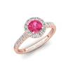 Sapphire Engagement Ring 5mm Round Pink Sapphire in Rose Gold with White Cluster Stones
