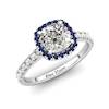 Sapphire Engagement Ring 6mm Cushion Cut White Sapphire in White Gold with Blue Cluster Stones