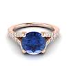 A 6mm blue Ceylon sapphire is handset over a solid 18k rose gold band with four prongs.