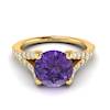 A natural round cut amethyst in four prongs handset in a solid 18k yellow gold band.