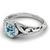 A Floral Patterned Solid 18k White Gold Band Aquamarine Halo Engagement Ring with Diamond Accents