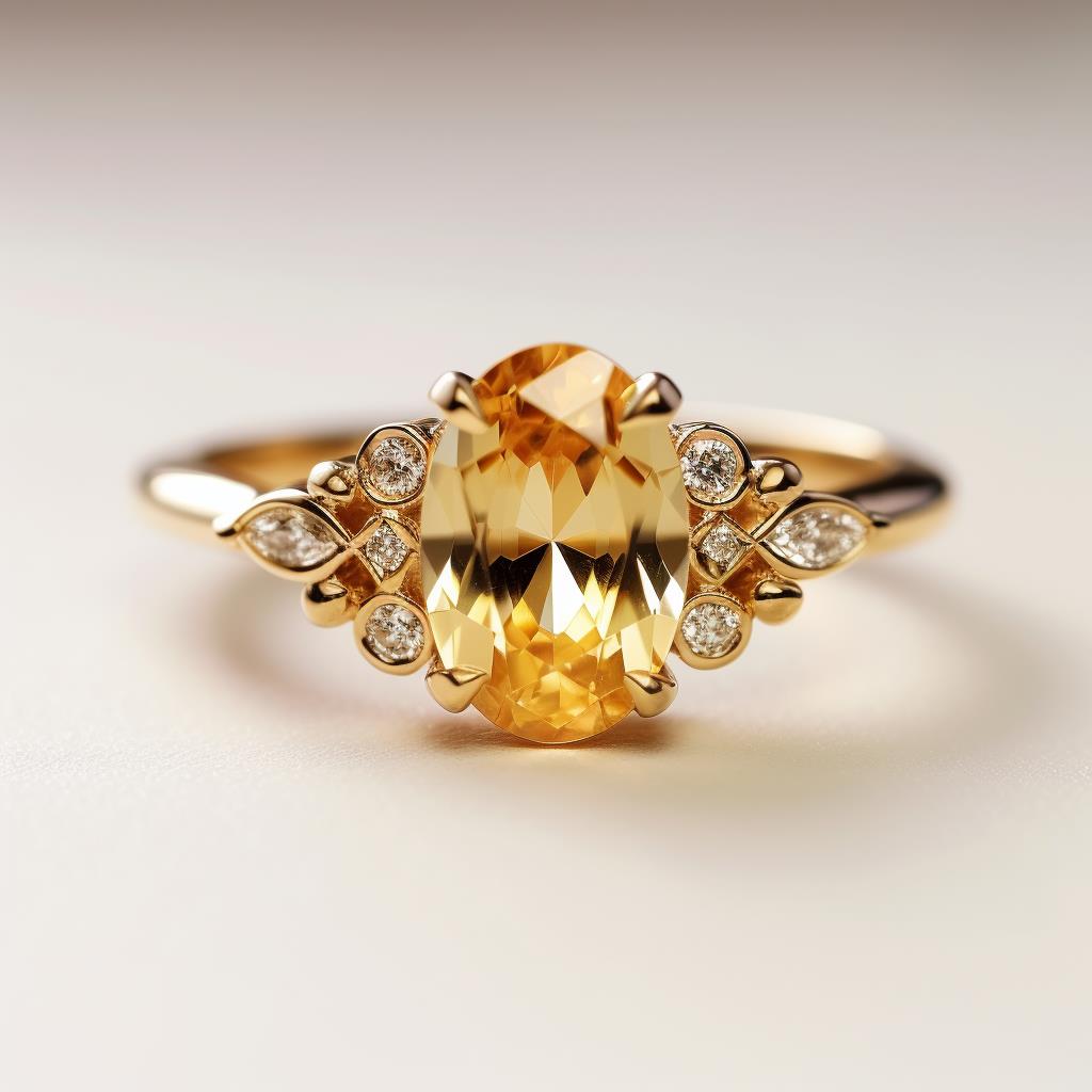 Golden yellow sapphire engagement ring with artistic side stone placements