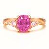 18K rose gold ring with cushion pink sapphire, diamond-accented leaf band by Brilliyond Jewellery, side view.