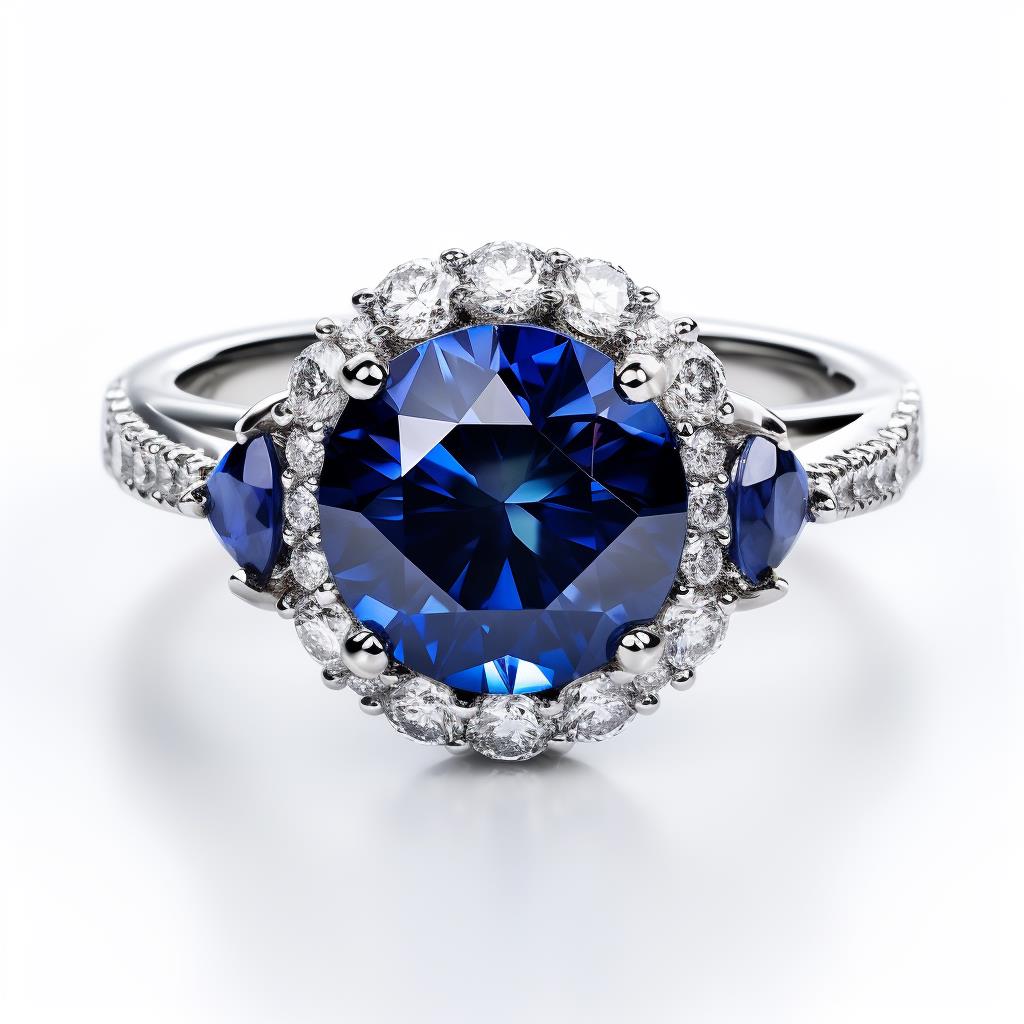 Deep blue sapphire engagement ring with diamond accent stones two side stones
