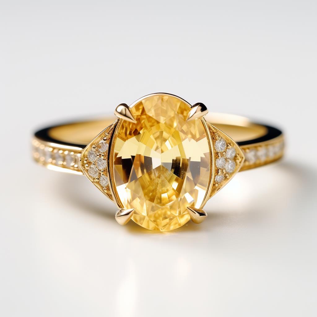 Yellow sapphire engagement ring with pave set yellow gold metal band