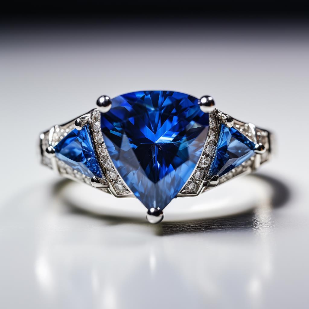 Heart shaped blue sapphire engagement ring with bold side stone design