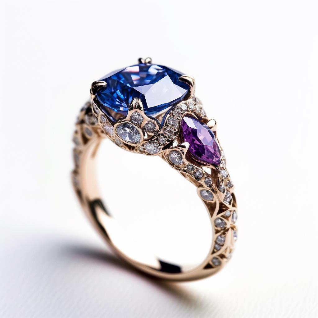 Vintage style sapphire engagement ring with purple side stones