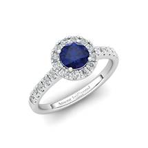 Sapphire Engagement Ring 5mm Round Blue Sapphire in White Gold with White Cluster Stones