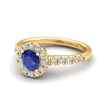 5mm Blue Sapphire Halo Engagement Ring in Yellow Gold with white cluster stones