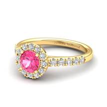 5mm Pink Sapphire Halo Engagement Ring in Yellow Gold with white cluster stones