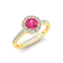 5mm Pink Sapphire Halo Engagement Ring in Yellow Gold with white cluster stones