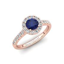 Sapphire Engagement Ring 5mm Round Blue Sapphire in Rose Gold with White Cluster Stones