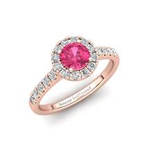 Sapphire Engagement Ring 5mm Round Pink Sapphire in Rose Gold with White Cluster Stones