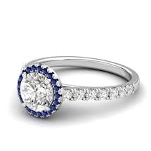 Sapphire Engagement Ring 6mm Round Blue Sapphire in White Gold with Blue Cluster Stones