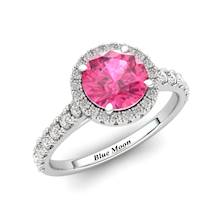 Sapphire Engagement Ring 6mm Round Pink Sapphire in White Gold with White Cluster Stones
