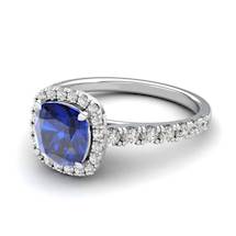 Sapphire Engagement Ring 6mm Cushion Cut Blue Sapphire in White Gold