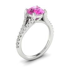 Affordable 18k white gold engagement ring with 6mm round cut pink sapphire centre stone.