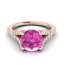 A unique Juliana engagement ring with a pavé split shank setting in 18k rose gold.