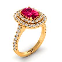 Ruby Ring with Double Halo Diamonds on 18k Yellow Gold
