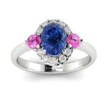 Diamond Accented Three Stone Sapphire Engagement Ring in 18k White Gold Setting