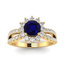 Blue Sapphire Yellow Gold Halo Engagement Ring Nefertari