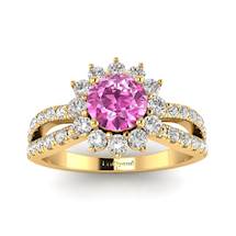 Pink Sapphire Yellow Gold Halo Engagement Ring Nefertari