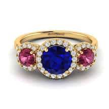 Blue Sapphire Yellow Gold Three Stone Engagement Ring Springtime
