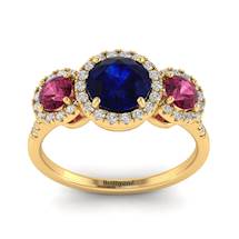 Blue Sapphire Yellow Gold Three Stone Engagement Ring Springtime