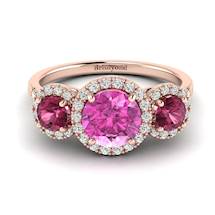 Pink Sapphire Rose Gold Three Stone Engagement Ring Springtime