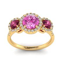 Diamond Accented Pink Sapphire and Garnet Three Stone Engagement Ring