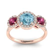 Aquamarine Rose Gold Three Stone Engagement Ring Springtime