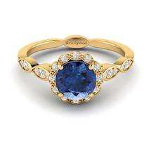 Blue Sapphire Yellow Gold Halo Engagement Ring Floral Crown