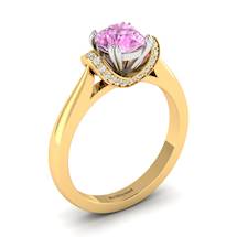 Side angle of Passiflora two tone gold engagement ring with pink Ceylon sapphire
