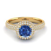 Blue Sapphire Yellow Gold Cushion Cut Engagement Ring Milky Way