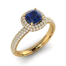 Blue Sapphire Yellow Gold Cushion Cut Engagement Ring Milky Way