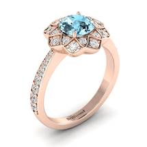 Aquamarine Rose Gold Floral Halo Engagement Ring Santorini