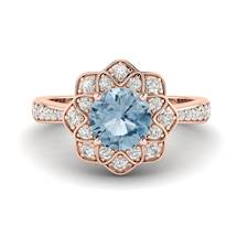 Aquamarine Rose Gold Floral Halo Engagement Ring Santorini
