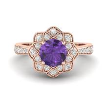 Amethyst Rose Gold Floral Halo Engagement Ring Santorini