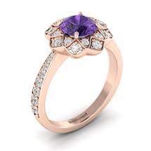 Amethyst Rose Gold Floral Halo Engagement Ring Santorini