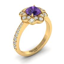 Amethyst Yellow Gold Floral Halo Engagement Ring Santorini