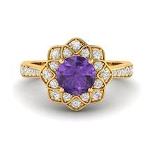 Amethyst Yellow Gold Floral Halo Engagement Ring Santorini