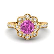 Pink Sapphire Yellow Gold Floral Halo Engagement Ring Santorini