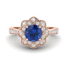 Blue Sapphire Rose Gold Floral Halo Engagement Ring Santorini Front View