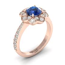 Blue Sapphire Rose Gold Floral Halo Engagement Ring Santorini Isomatric View