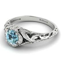 A Floral Patterned Solid 18k White Gold Band Aquamarine Halo Engagement Ring with Diamond Accents